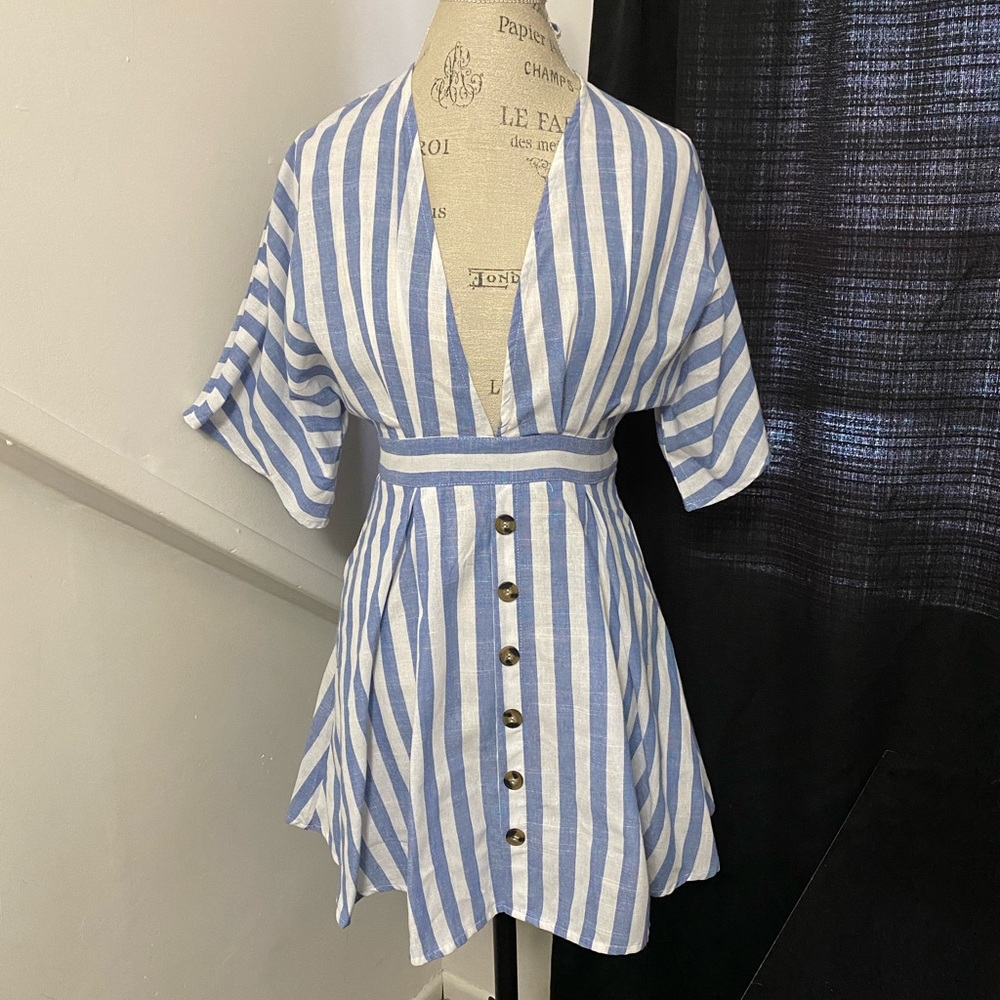 Pinstripe Beach Dress Deep V & Open Back